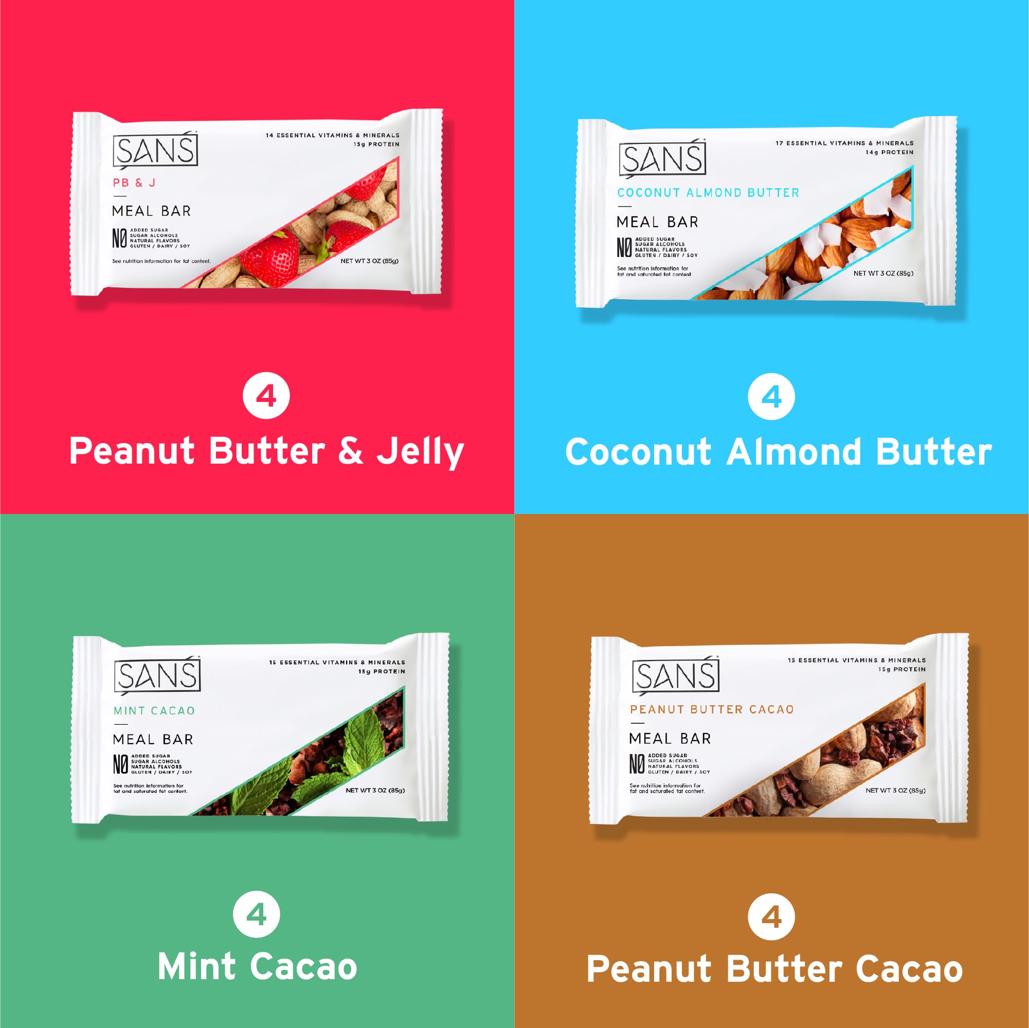 SANS meal replacement bar nutrition panel emphasizing protein and fiber