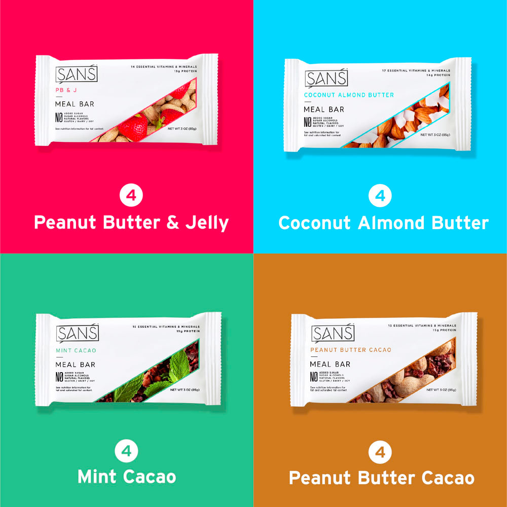 SANS meal replacement bar nutrition panel emphasizing protein and fiber