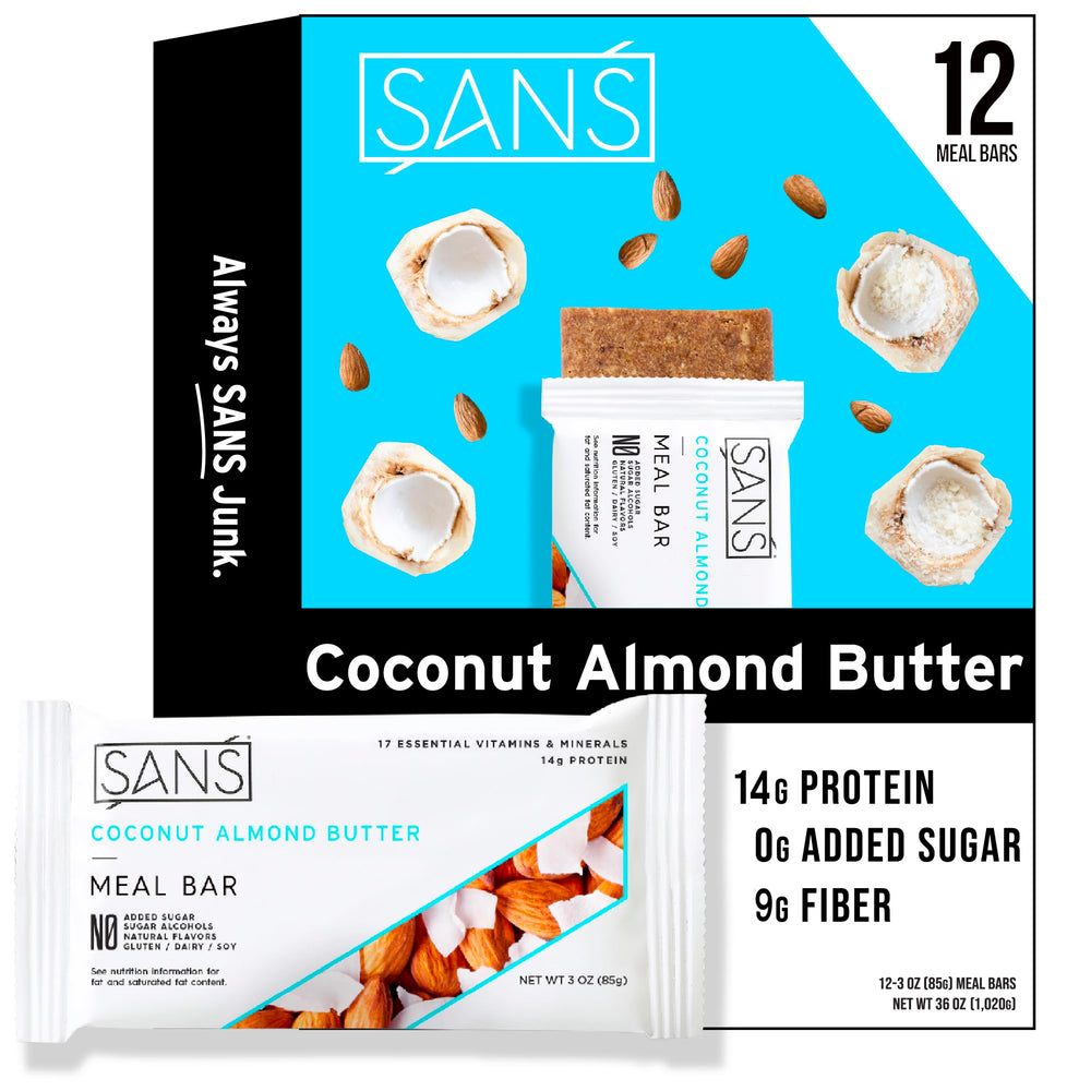 SANS meal-replacement bar in package, ideal for on-the-go gluten-free snacking.
