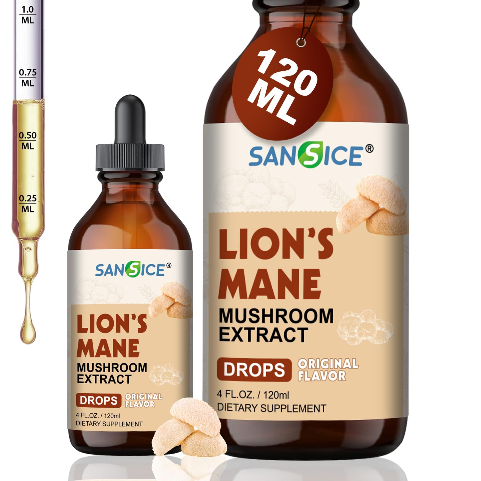 Front view of SANSICE Lion's Mane Liquid Drops bottle, 4 oz