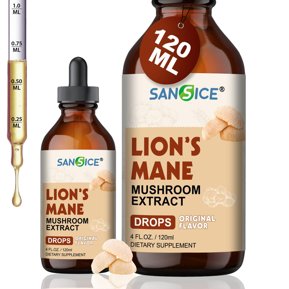 Front view of SANSICE Lion's Mane Liquid Drops bottle, 4 oz