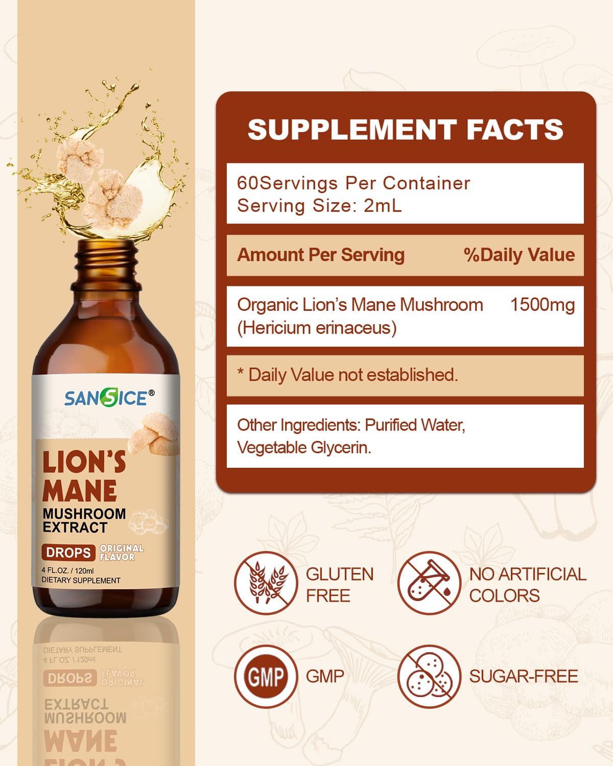 Close-up of Lion's Mane Liquid Drops bottle label