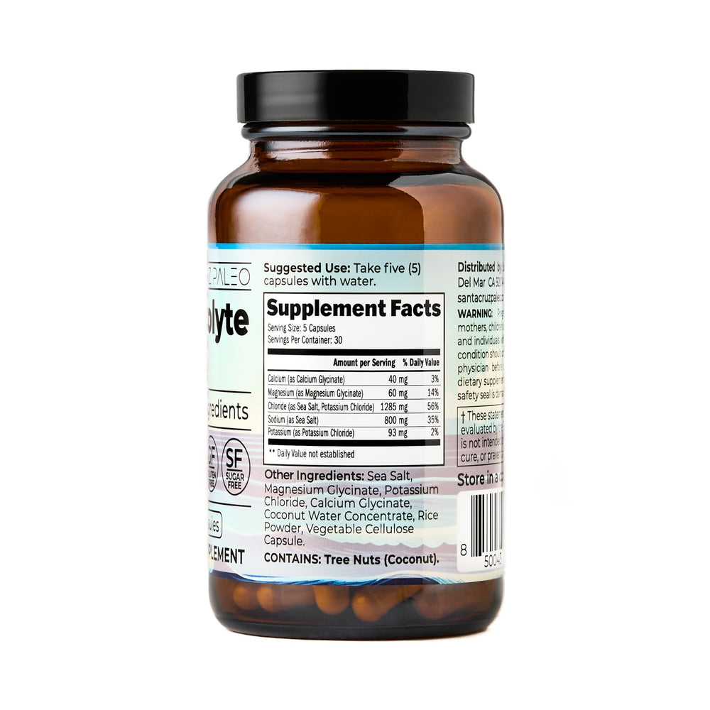 Travel-ready Santa Cruz Paleo electrolyte capsules bottle ideal for workouts