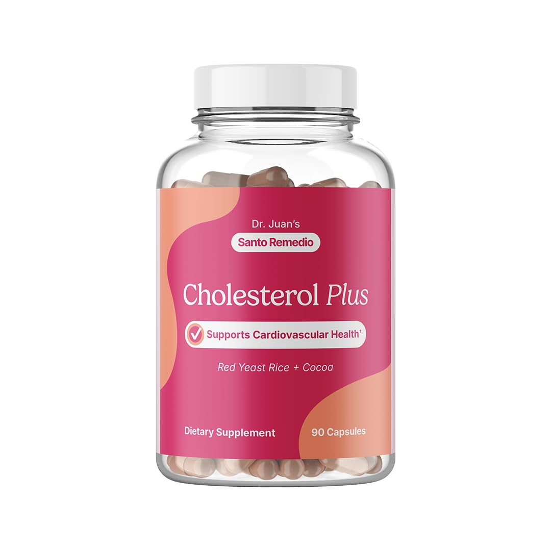Front view of Santo Remedio Cholesterol Plus bottle with Red Yeast Rice & Cocoa