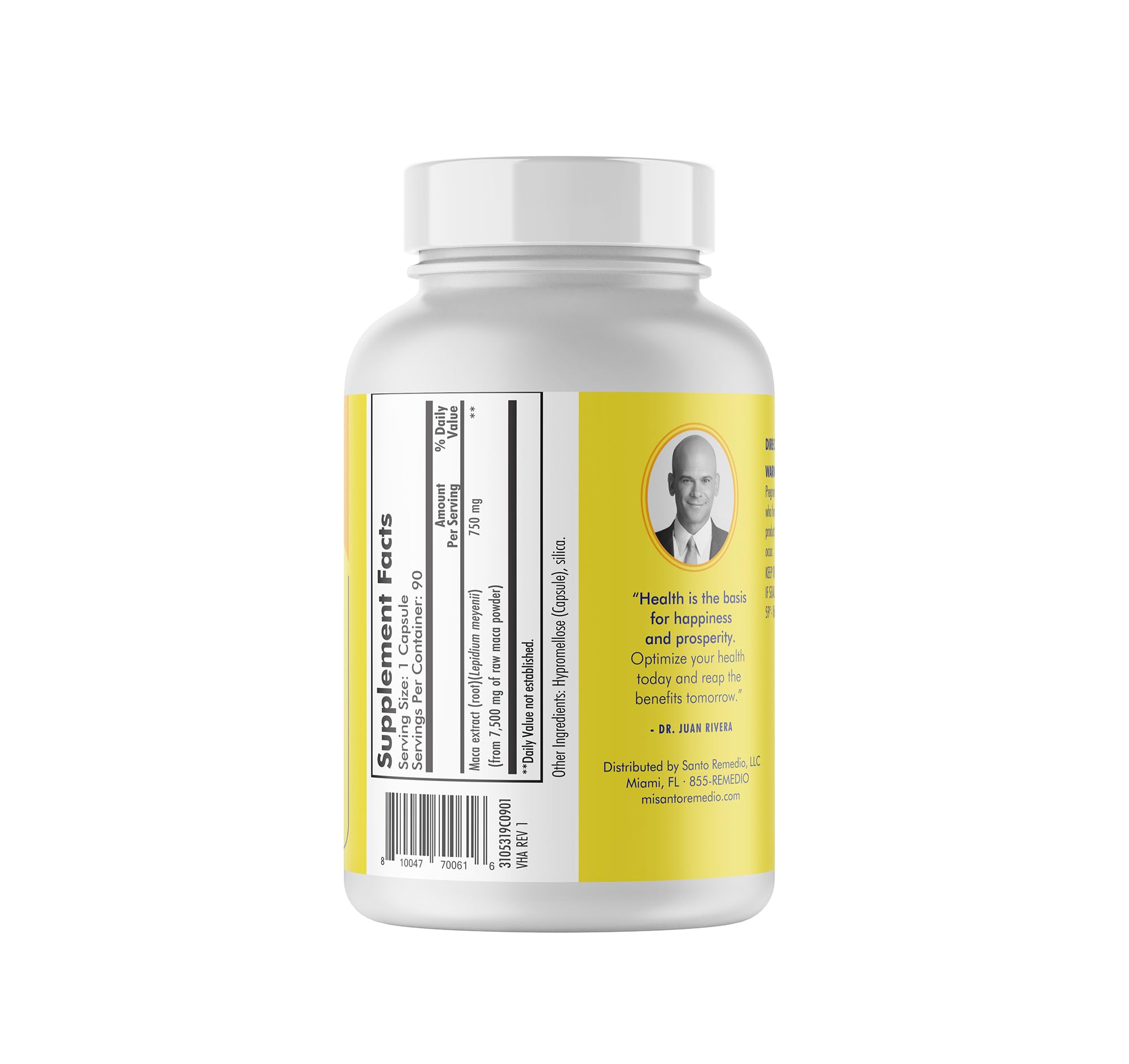 Santo Remedio Maca bottle display emphasizes 90 capsules for 90 doses
