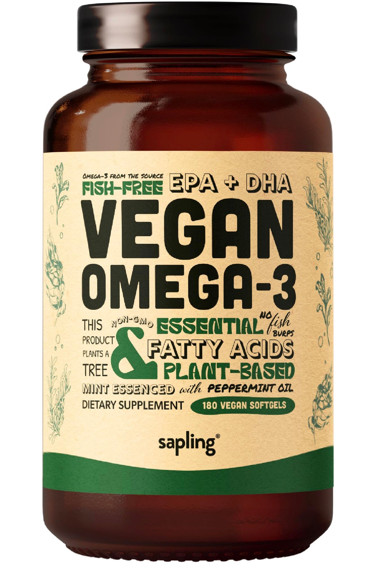 Front view of Sapling Algae Omega-3 bottle