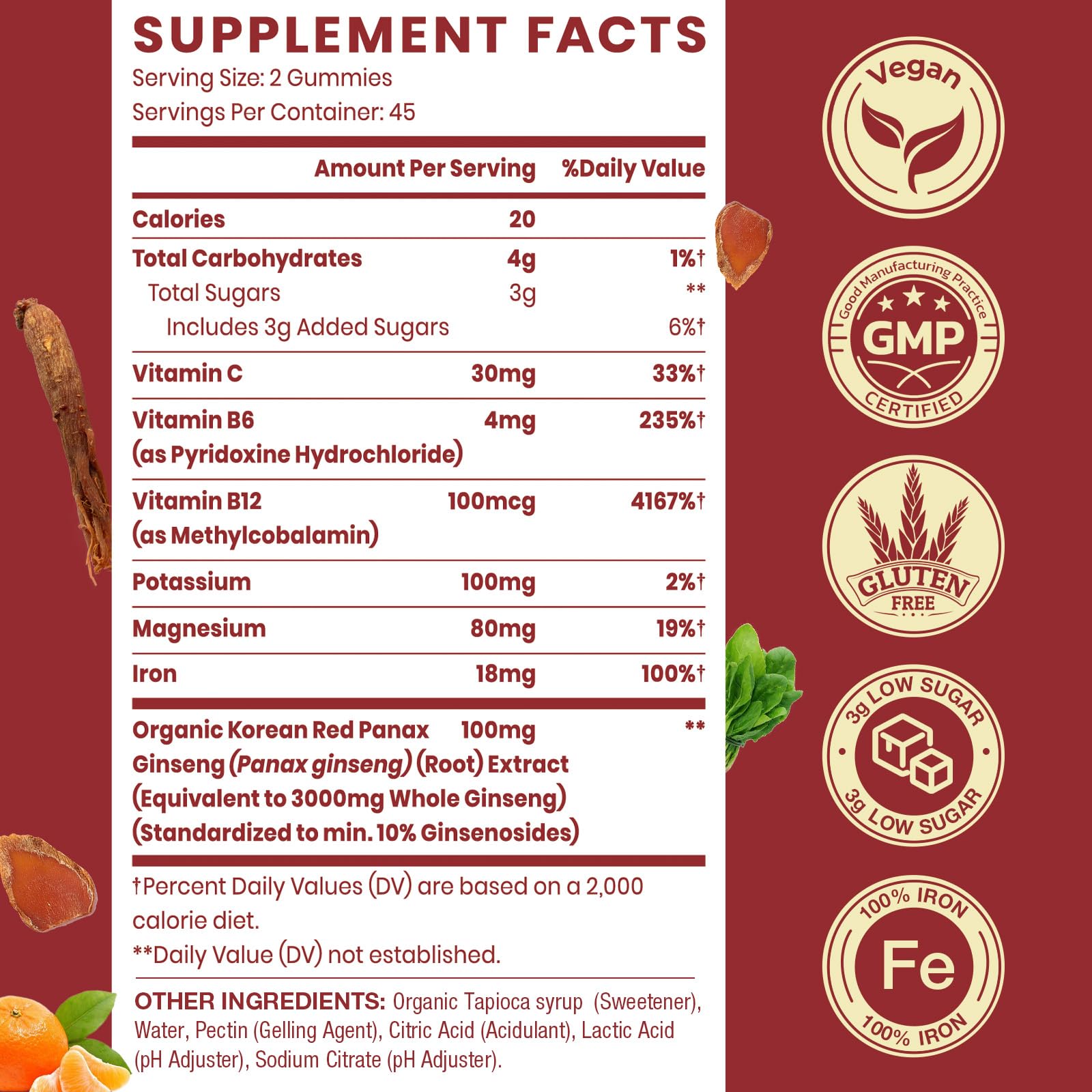 Nutrition and ingredient panel of Sapotax Korean Red Panax Ginseng Iron Gummies