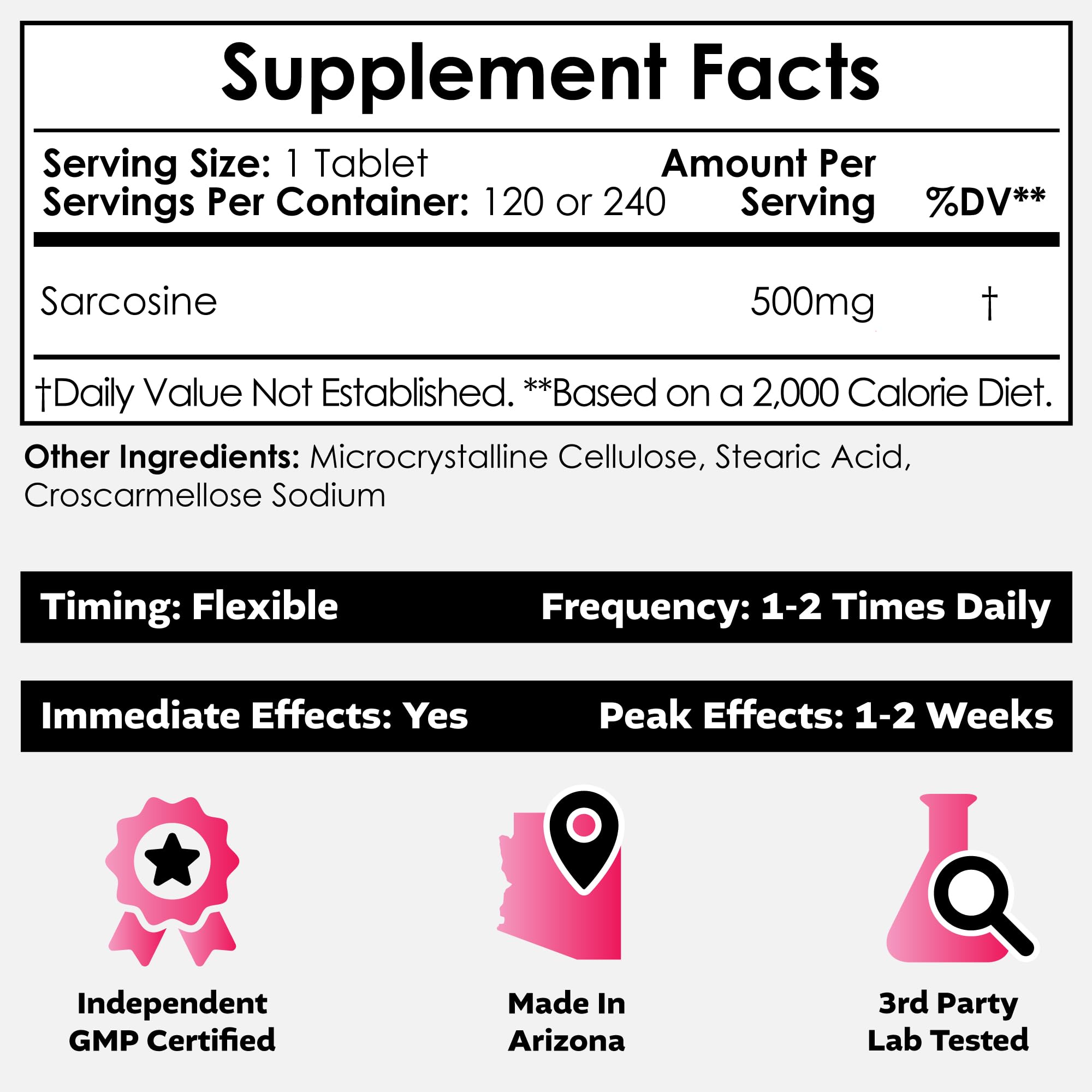 Back view of Sarcosine 500mg chewable tablets jar showing label details