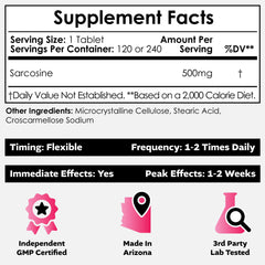 Back view of Sarcosine 500mg chewable tablets jar showing label details