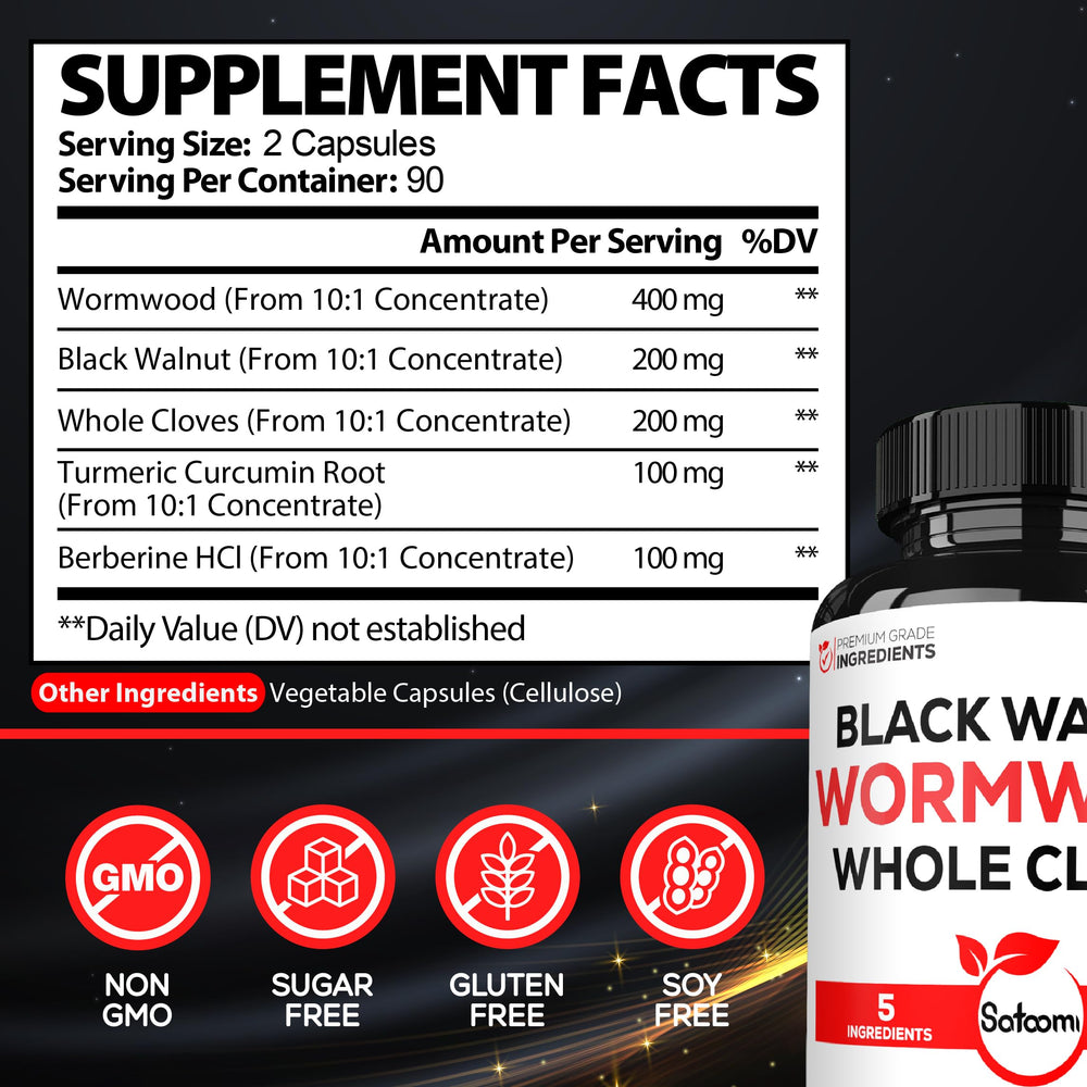 Ingredient panel featuring wormwood, black walnut, cloves, turmeric and berberine HCl