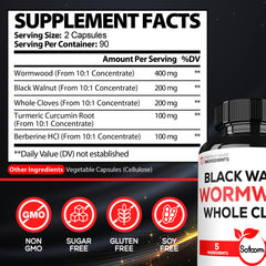 Ingredient panel featuring wormwood, black walnut, cloves, turmeric and berberine HCl