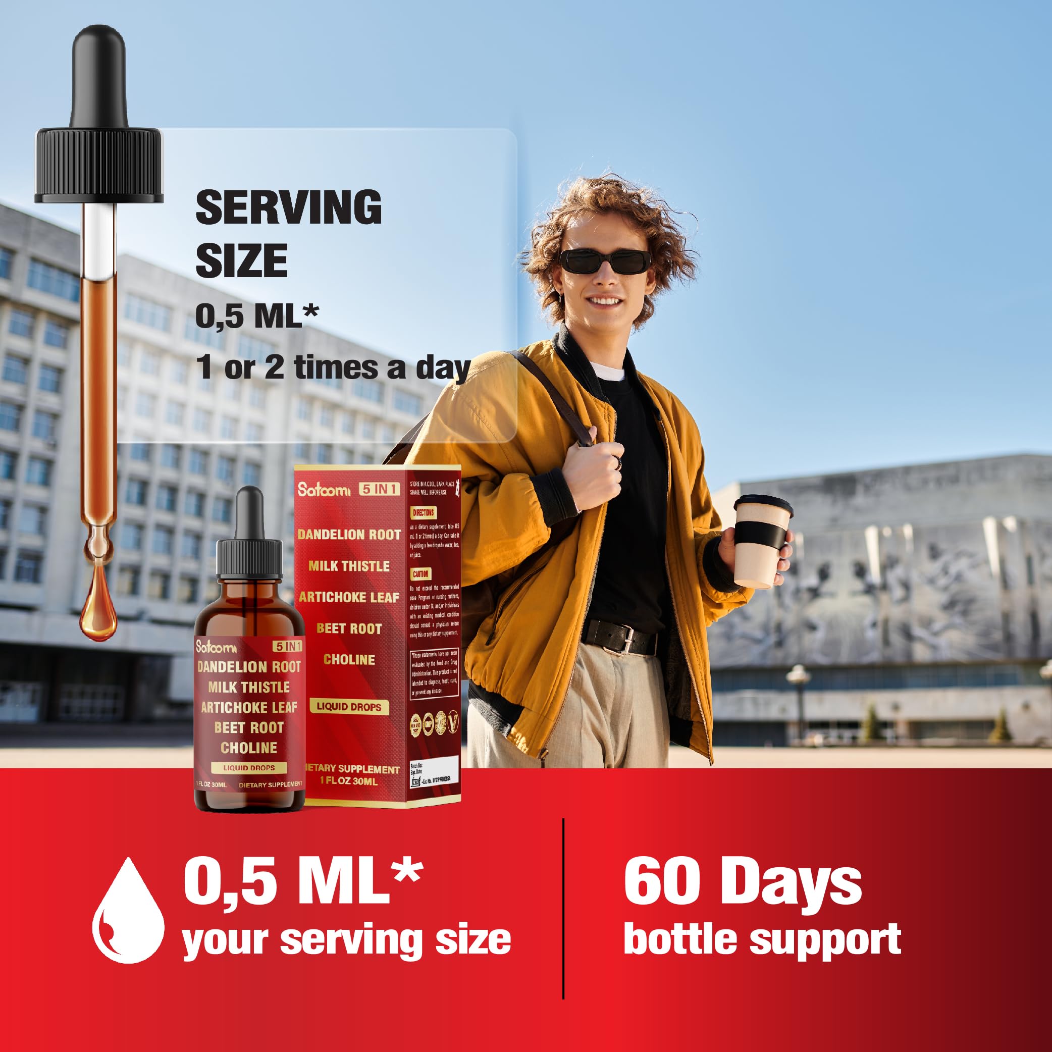 Front view of Satoomi 5in1 Dandelion Root Extract bottle (1 fl oz)