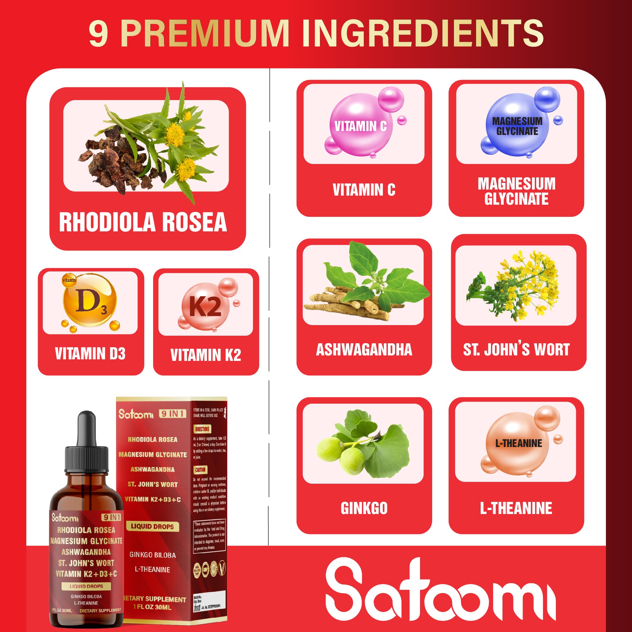 Ingredients panel: Rhodiola Rosea, Ashwagandha, Magnesium, L-Theanine, St. John's Wort