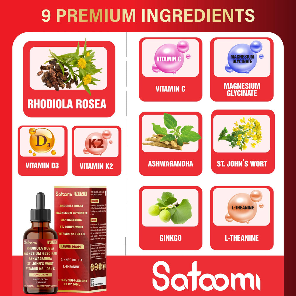 Ingredients panel: Rhodiola Rosea, Ashwagandha, Magnesium, L-Theanine, St. John's Wort