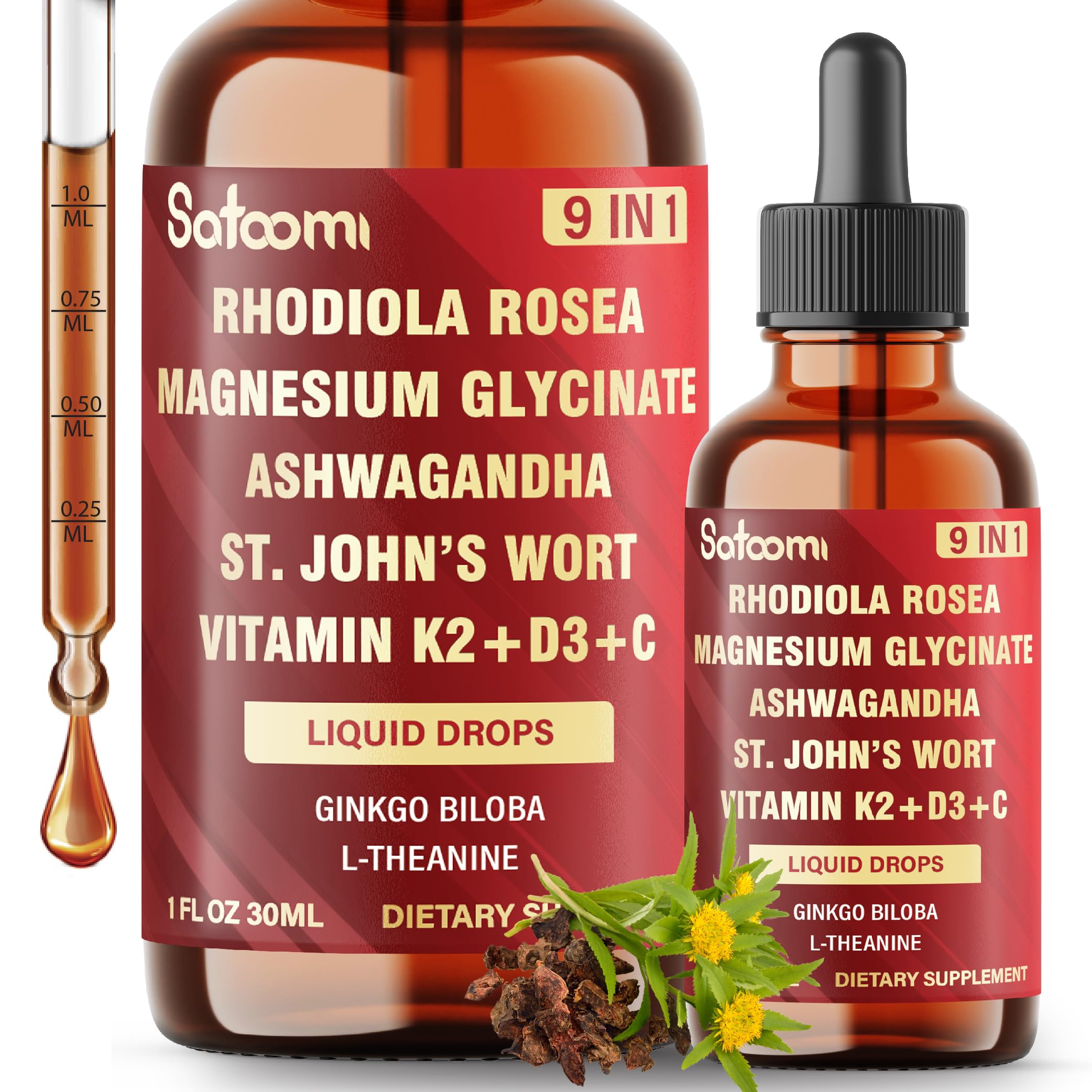 Satoomi 9in1 Rhodiola Rosea Tincture front view bottle, 1 fl oz