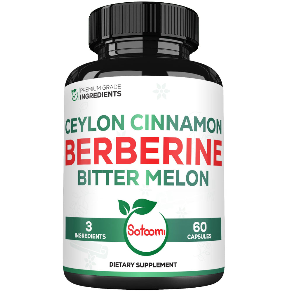 Satoomi Berberine 3in1 bottle with organic cinnamon bark and bitter melon capsules