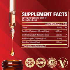 Illustration of ingredients: dandelion root, milk thistle, artichoke, beet root, choline