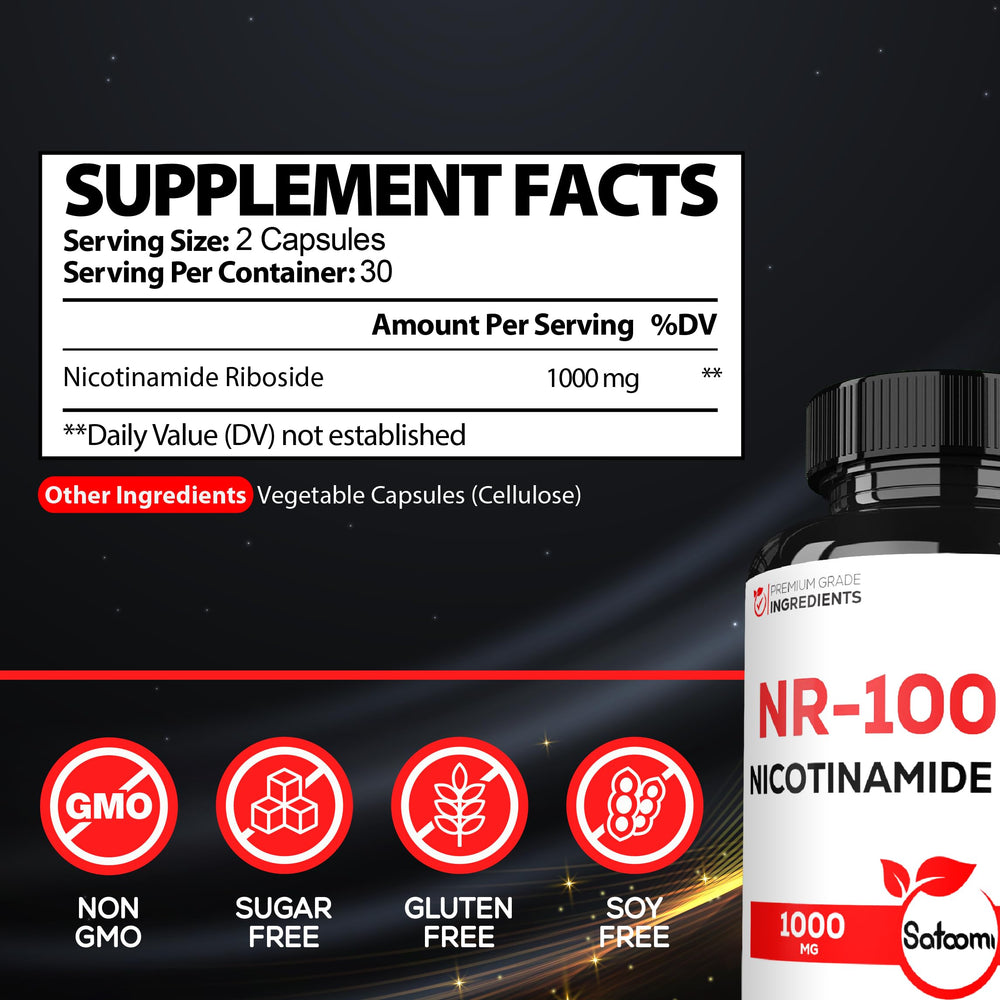 Close-up of label on Satoomi NAD NR 1000mg bottle