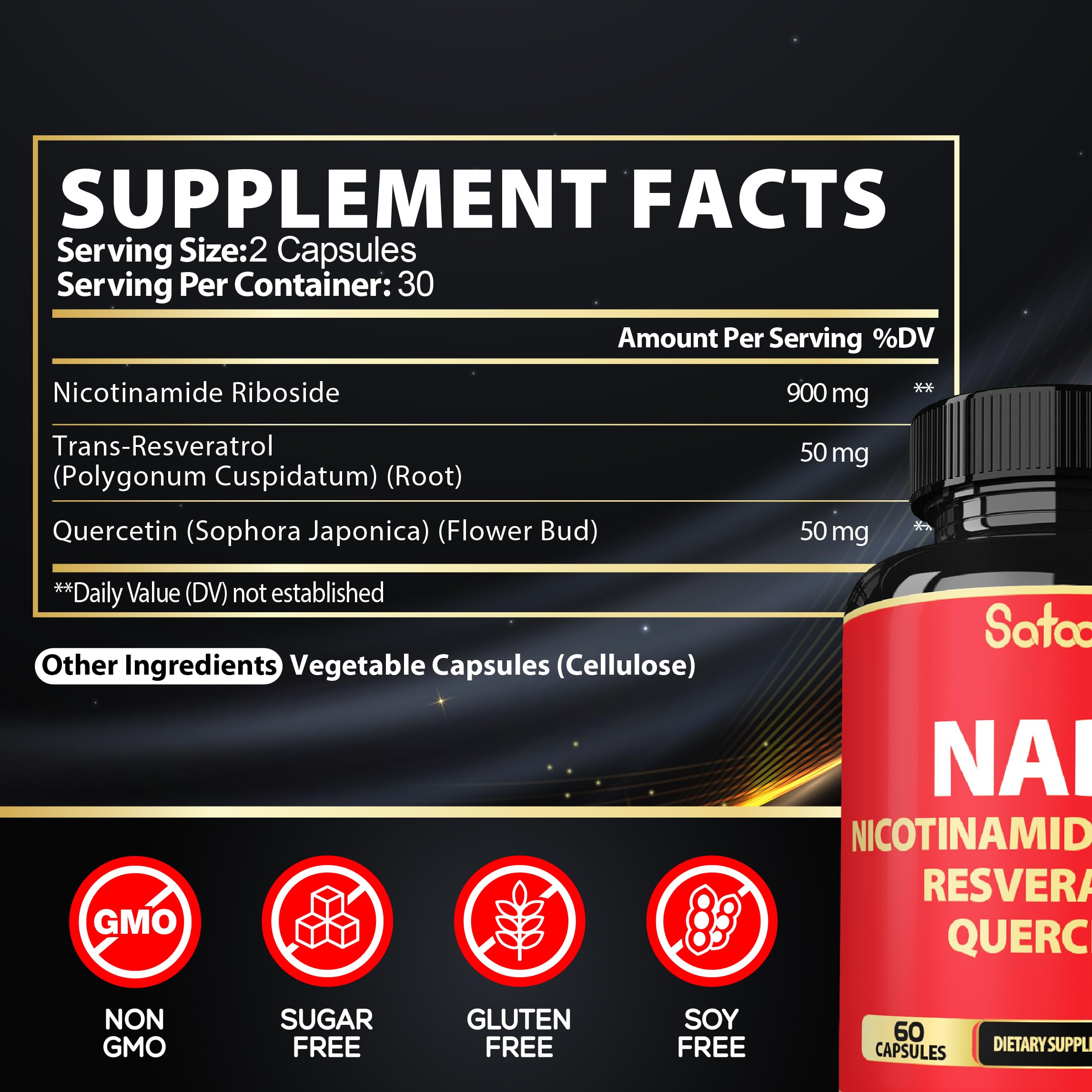 Close-up of 3-in-1 NAD NR ingredients: Nicotinamide Riboside, Resveratrol, Quercetin