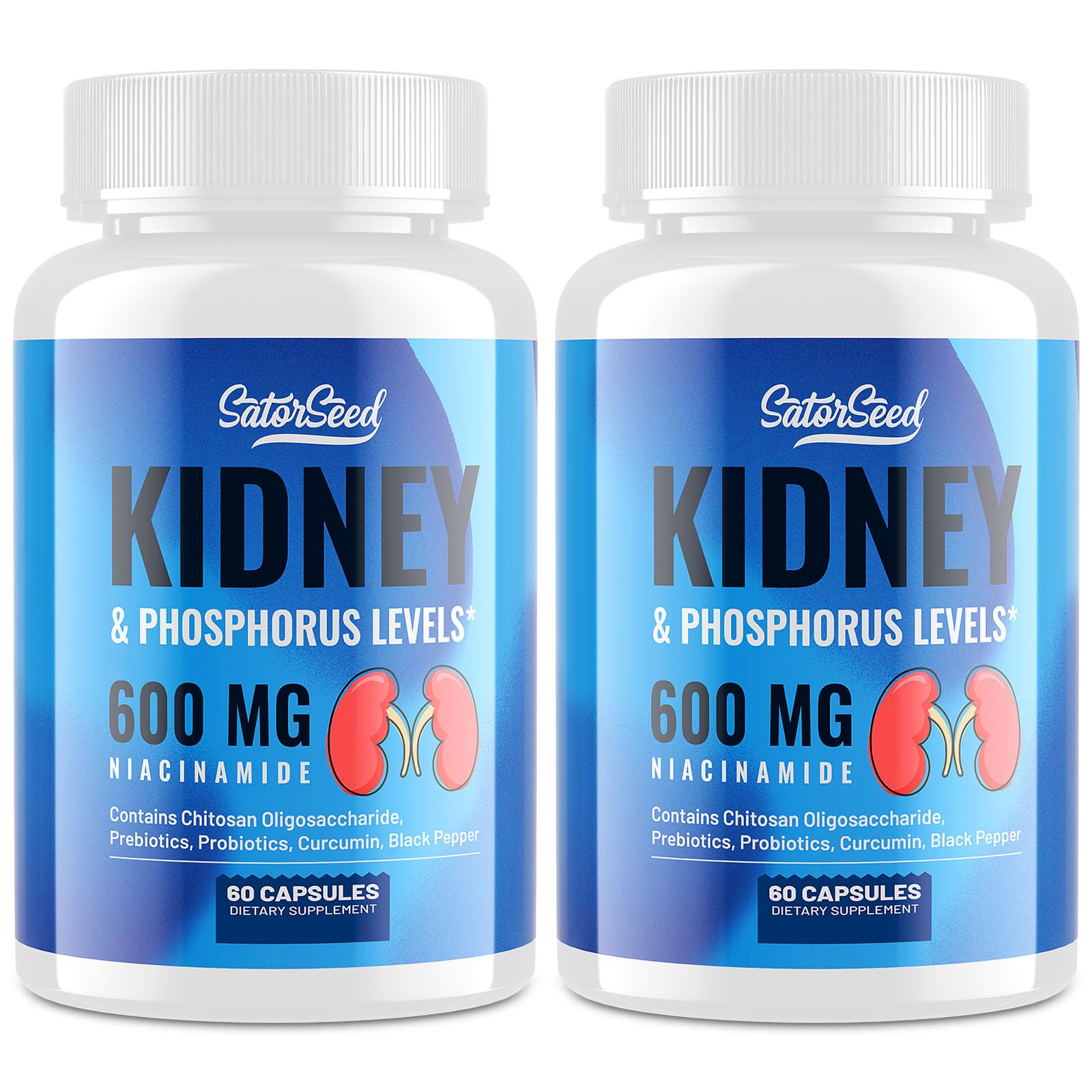 SatorSeed kidney-support bottle highlights phosphorus-conscious formula for daily wellness and easy supplementation.