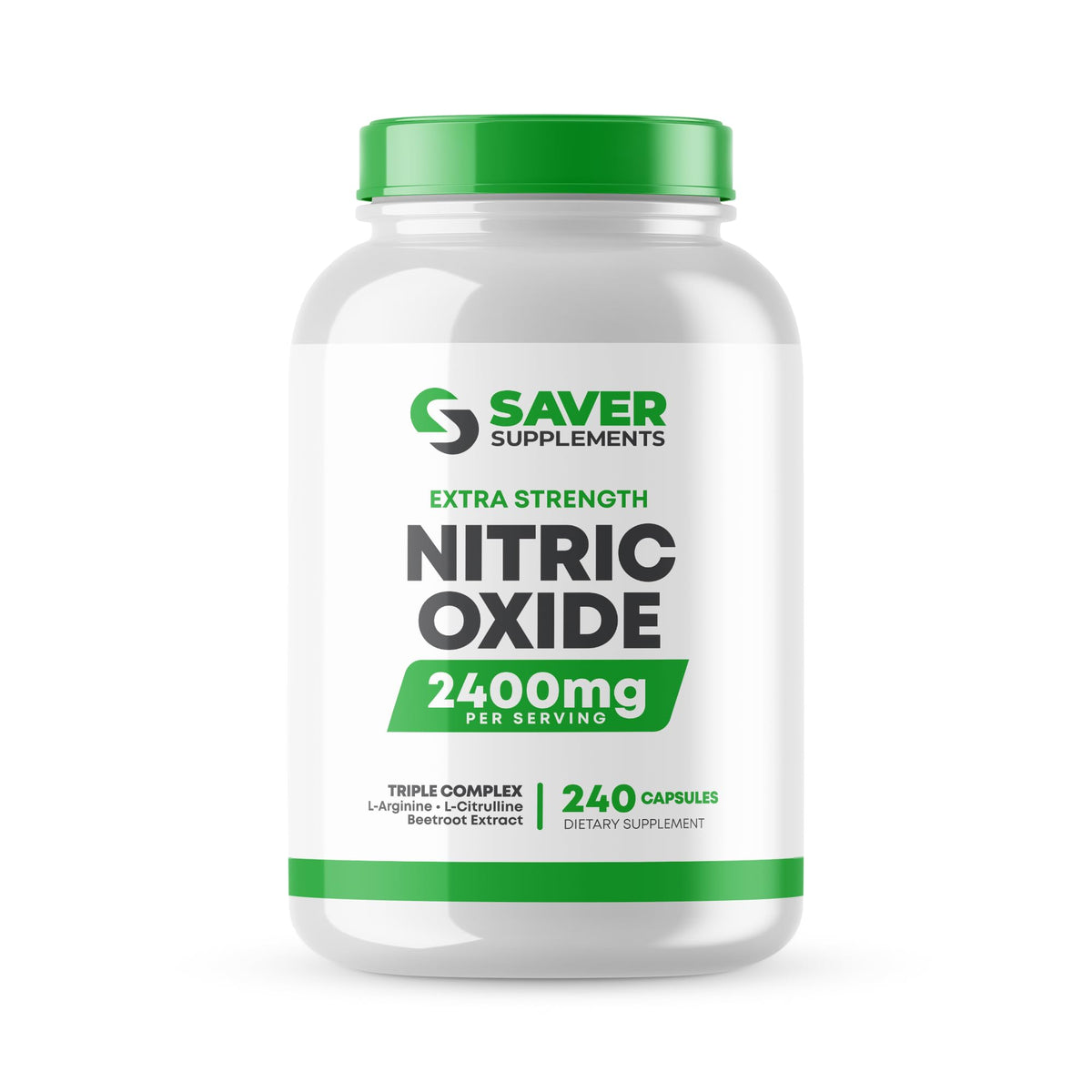 Saver Supplements Nitric Oxide bottle front with 240 capsules for daily performance support