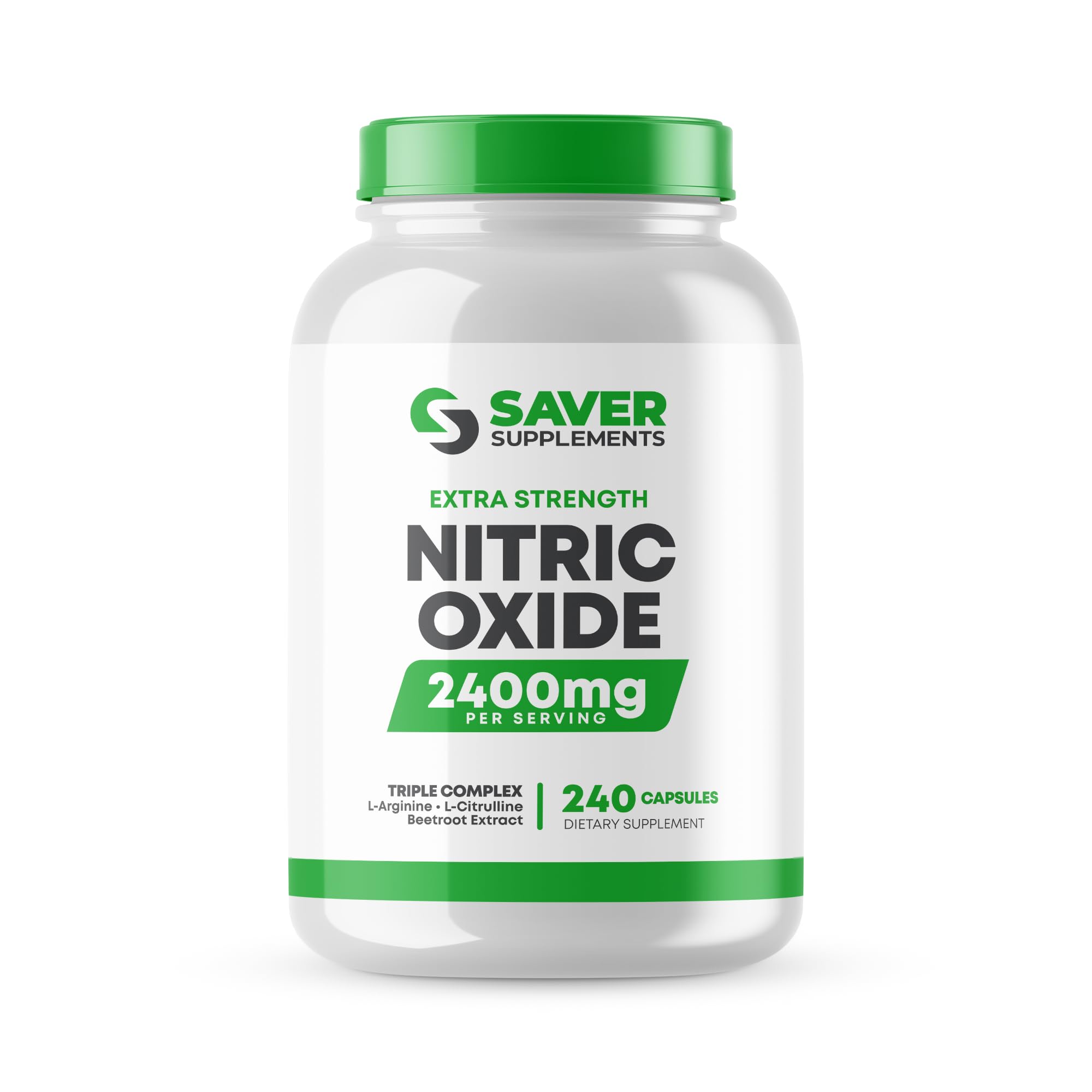 Saver Supplements Nitric Oxide bottle front with 240 capsules for daily performance support