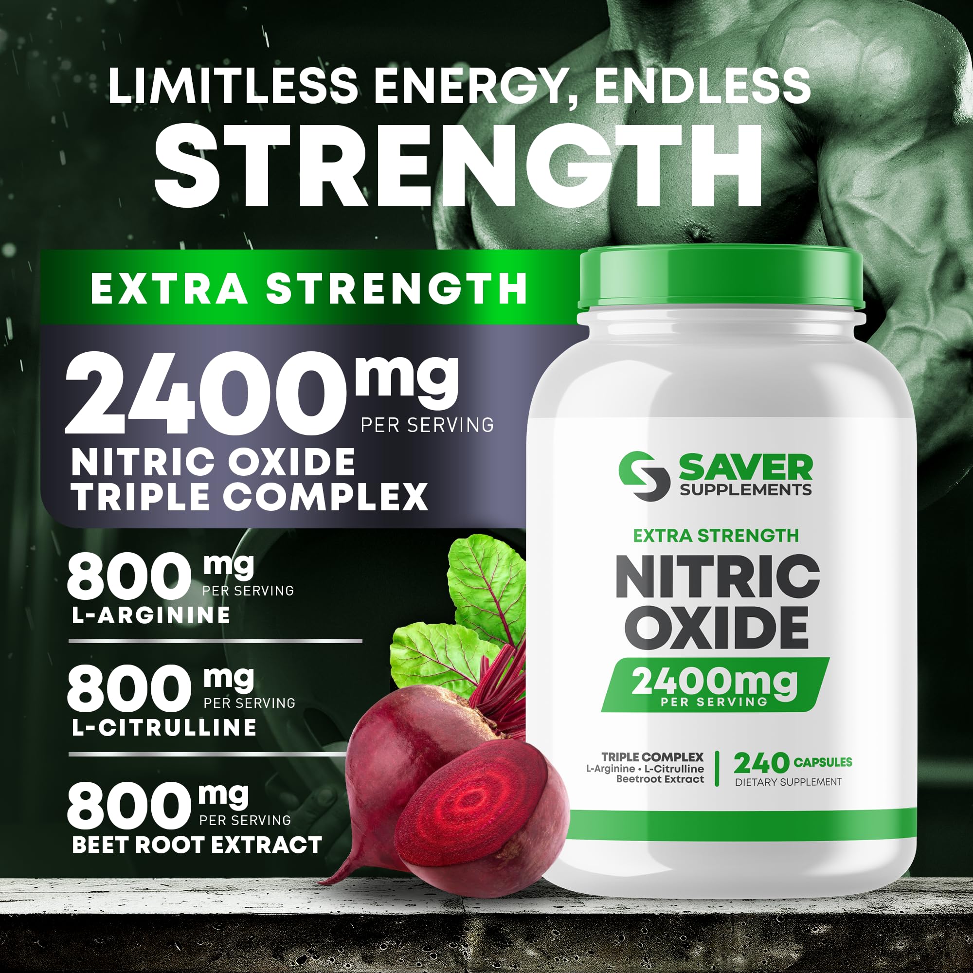 Saver Supplements Nitric Oxide bottle highlighting 800mg L-Arginine per serving