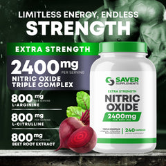 Saver Supplements Nitric Oxide bottle highlighting 800mg L-Arginine per serving
