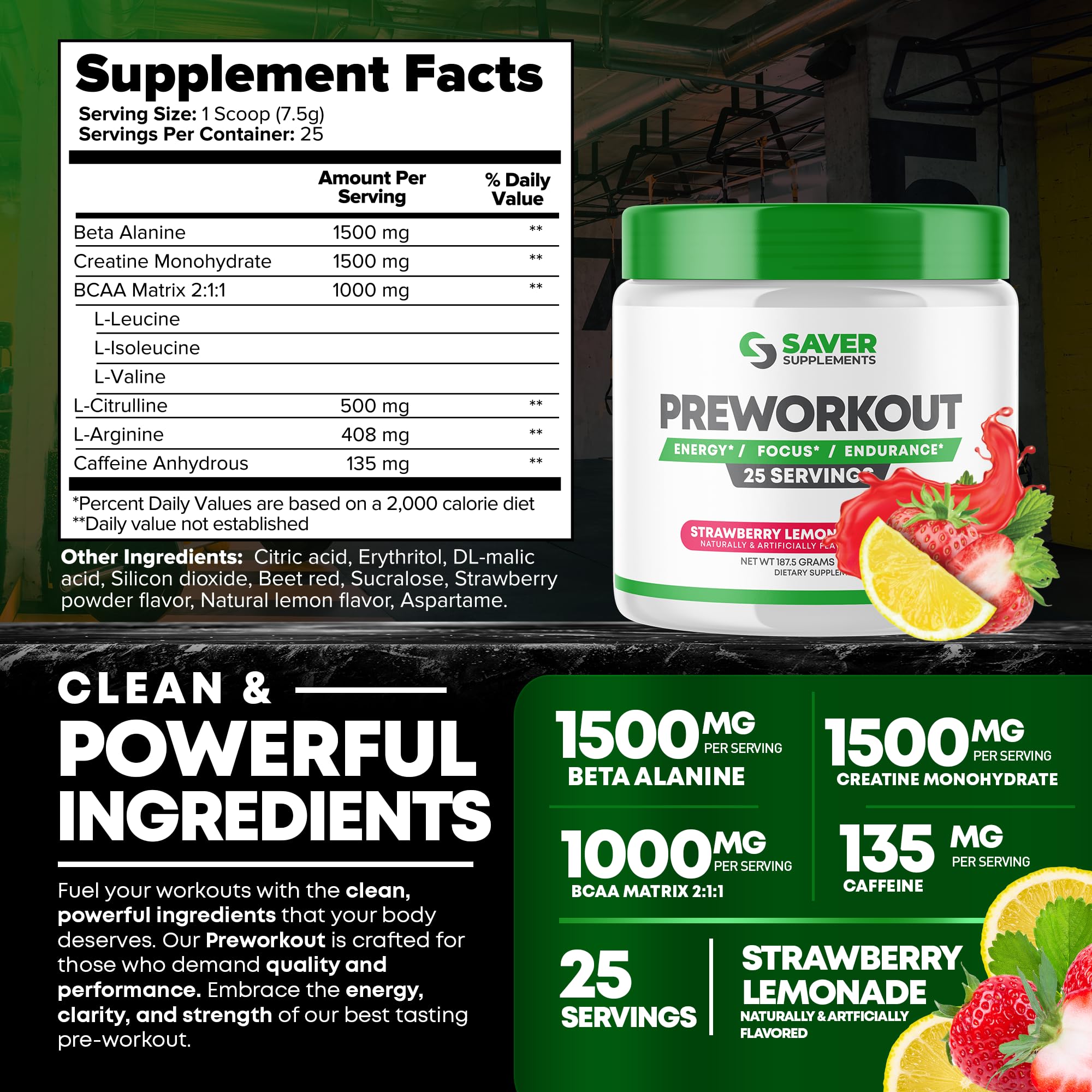 Saver Supplements pre-workout flavor strawberry lemonade close-up label