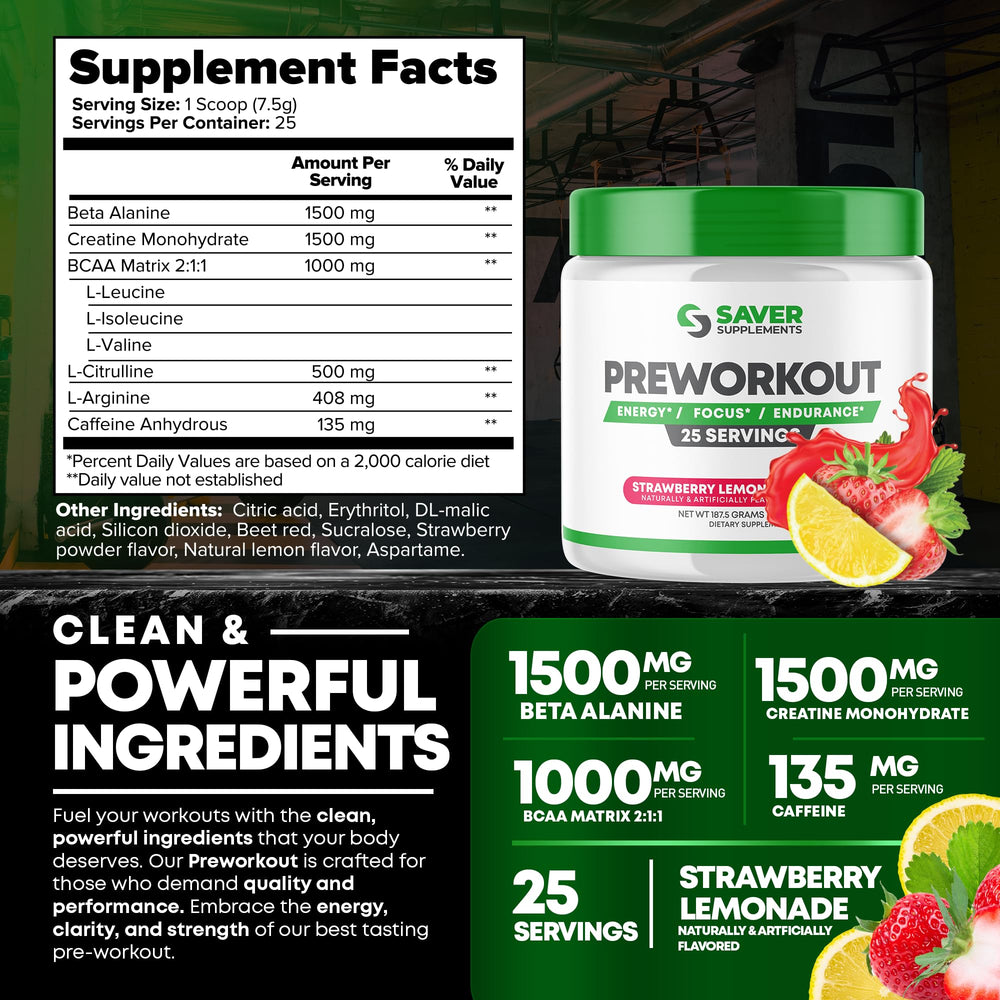 Saver Supplements pre-workout flavor strawberry lemonade close-up label