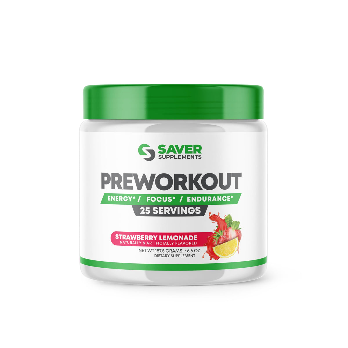 Saver Supplements pre-workout powder glass shows strawberry lemonade flavor for pre-workout refreshment