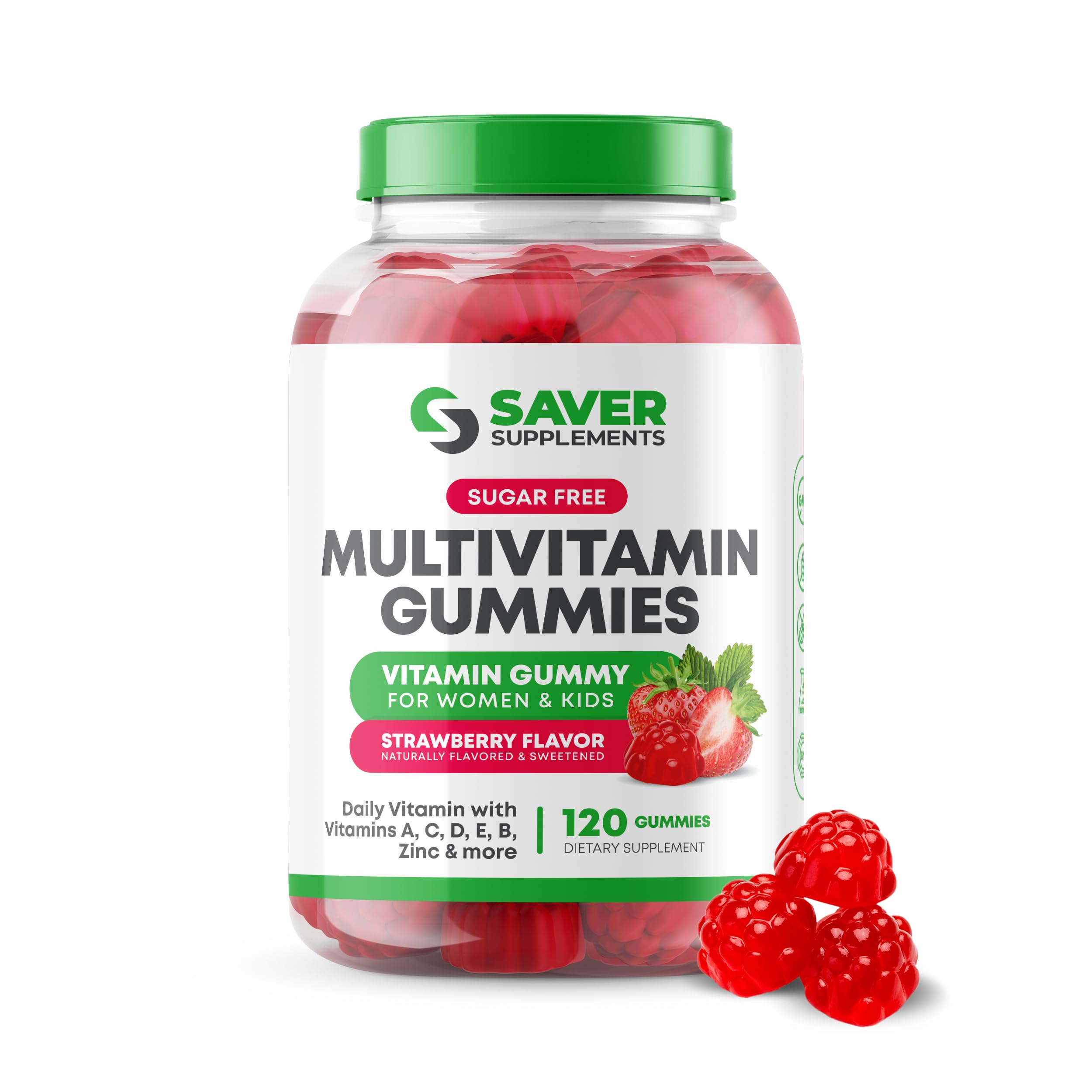 Bottle of Saver Supplements Sugar Free Multivitamin Gummies Strawberry flavor, 120 count