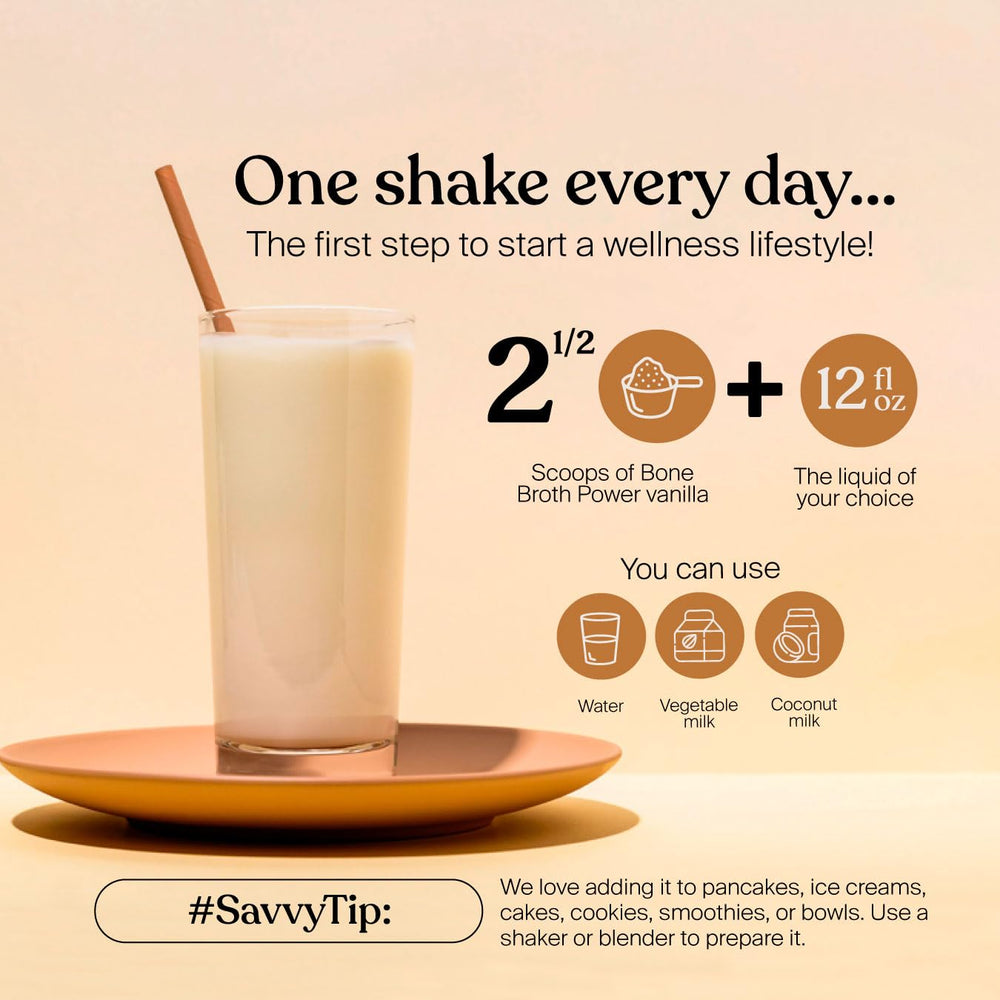 SAVVY Bone Broth Power vanilla dairy-free label communicates keto, gluten-free, gut-friendly choice.