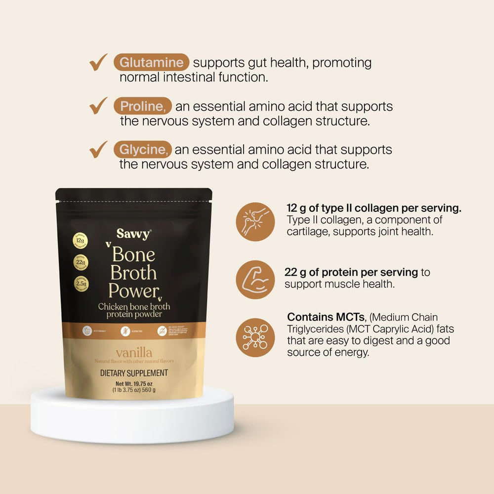 SAVVY Bone Broth Power vanilla MCT scoop reflects clean energy for keto lifestyles.