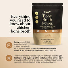 SAVVY Bone Broth Power vanilla pour bottle highlighting easy mixing and digestive-friendly nutrition.