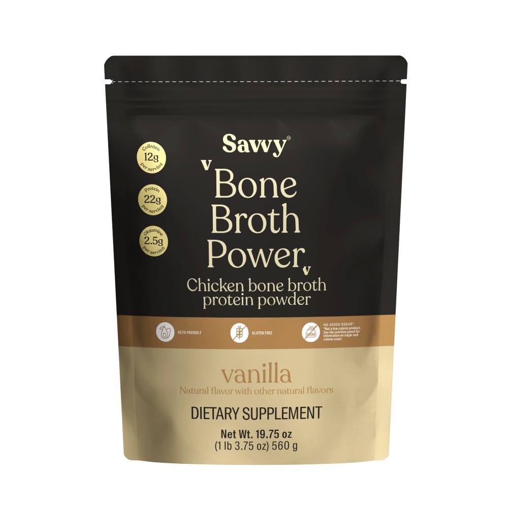 SAVVY Bone Broth Power vanilla powder tub for post-workout protein and versatile shakes.