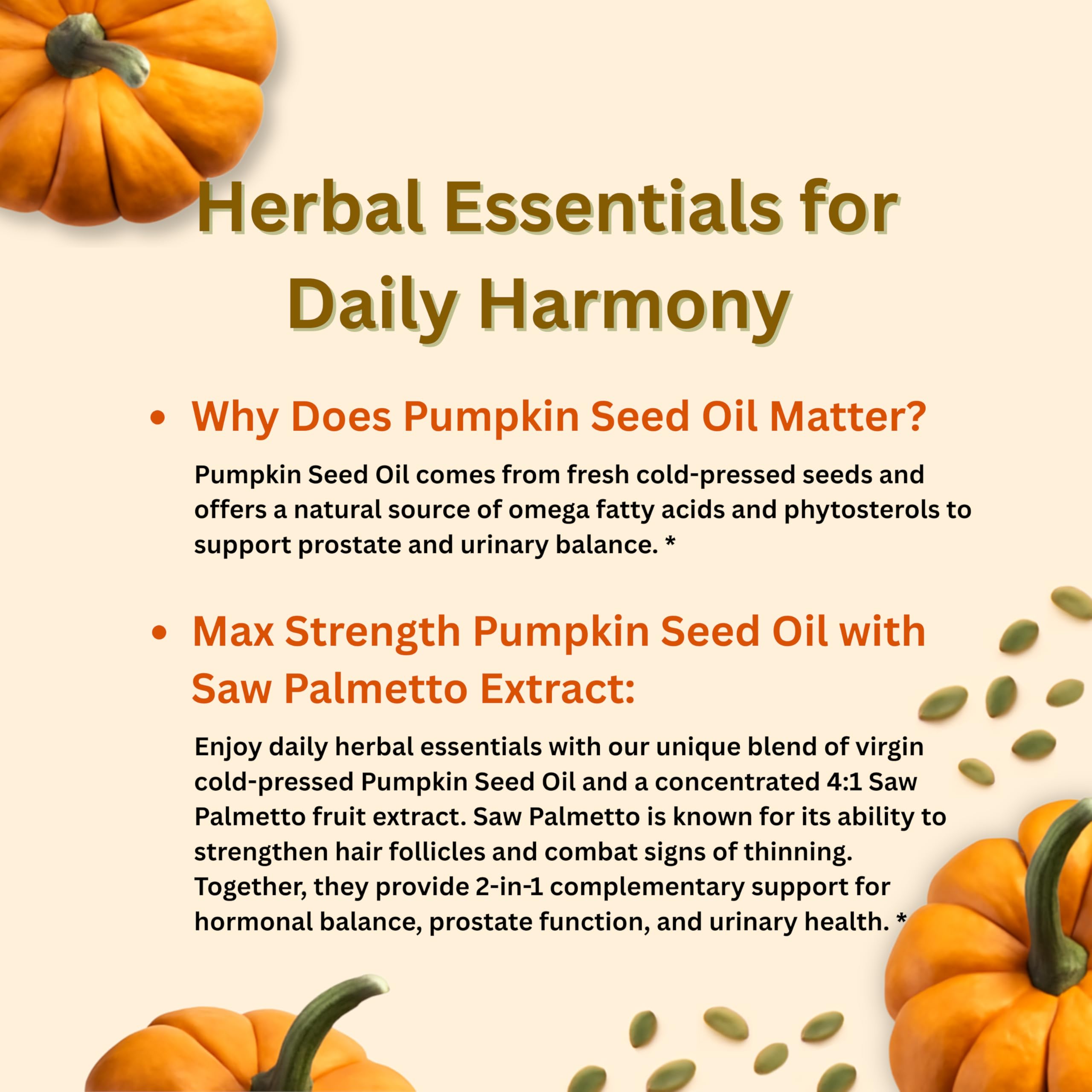 Saw palmetto extract softgels beside pumpkin seed oil