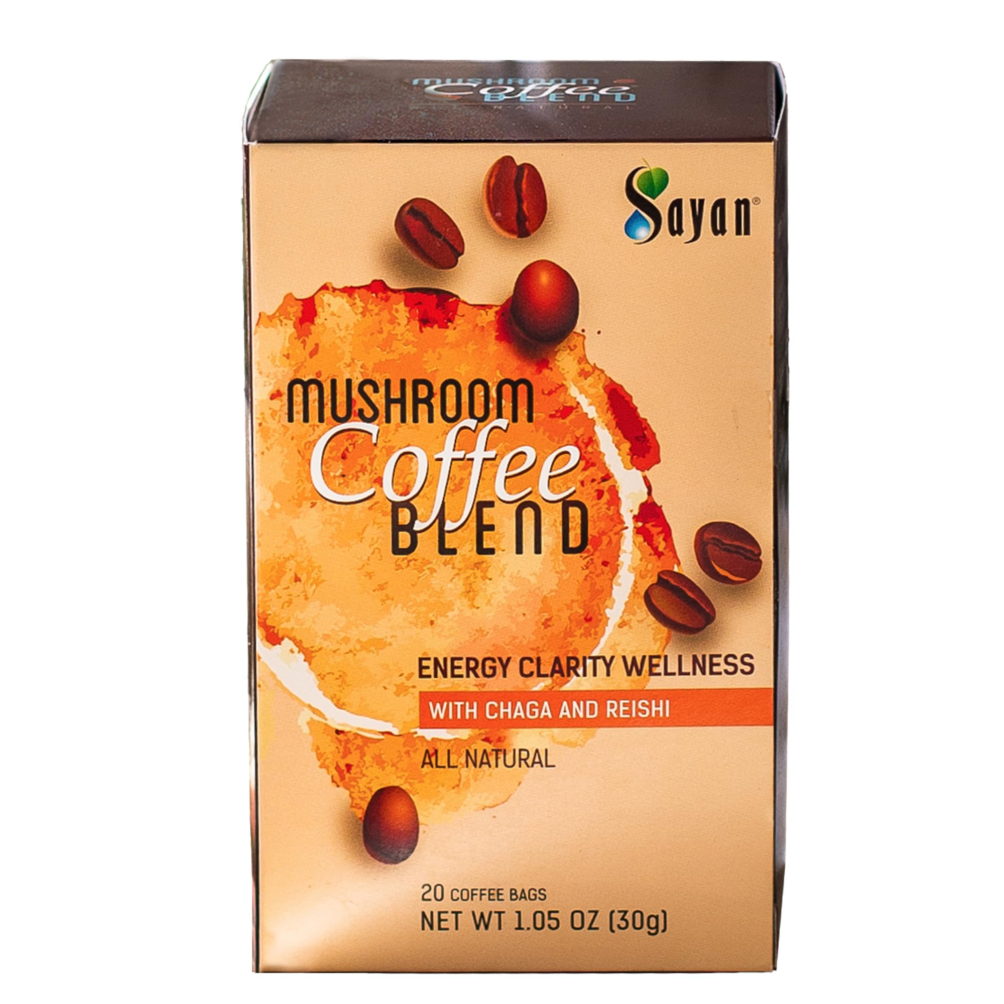 Front label of Sayan Organic Instant Arabica Colombian Coffee Mushroom Blend