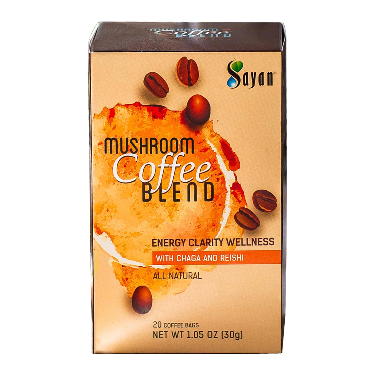 Front label of Sayan Organic Instant Arabica Colombian Coffee Mushroom Blend