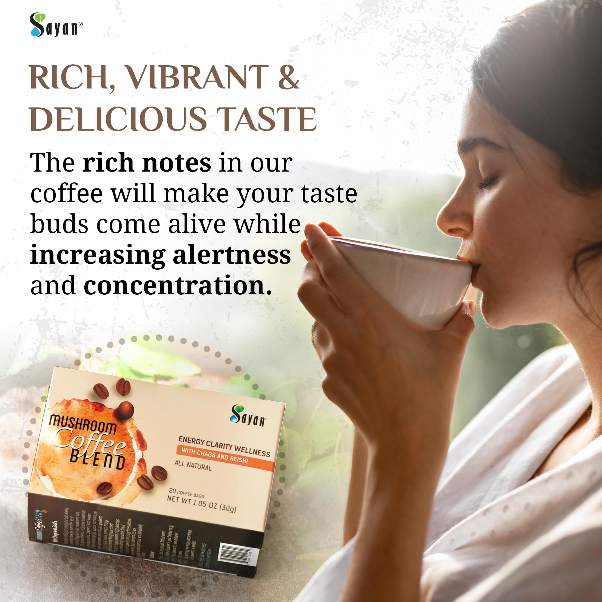 20-pack box of Sayan Organic Instant Coffee Mushroom Blend
