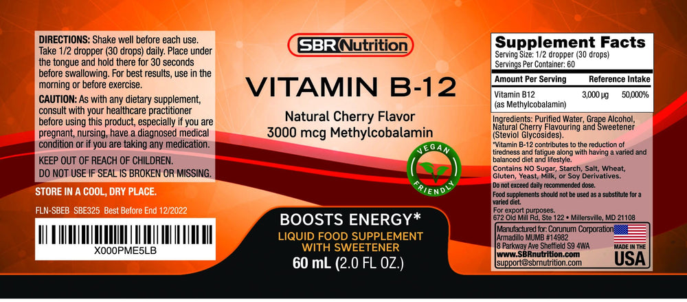 Non-GMO Vitamin B12 Sublingual Drops by SBR Nutrition
