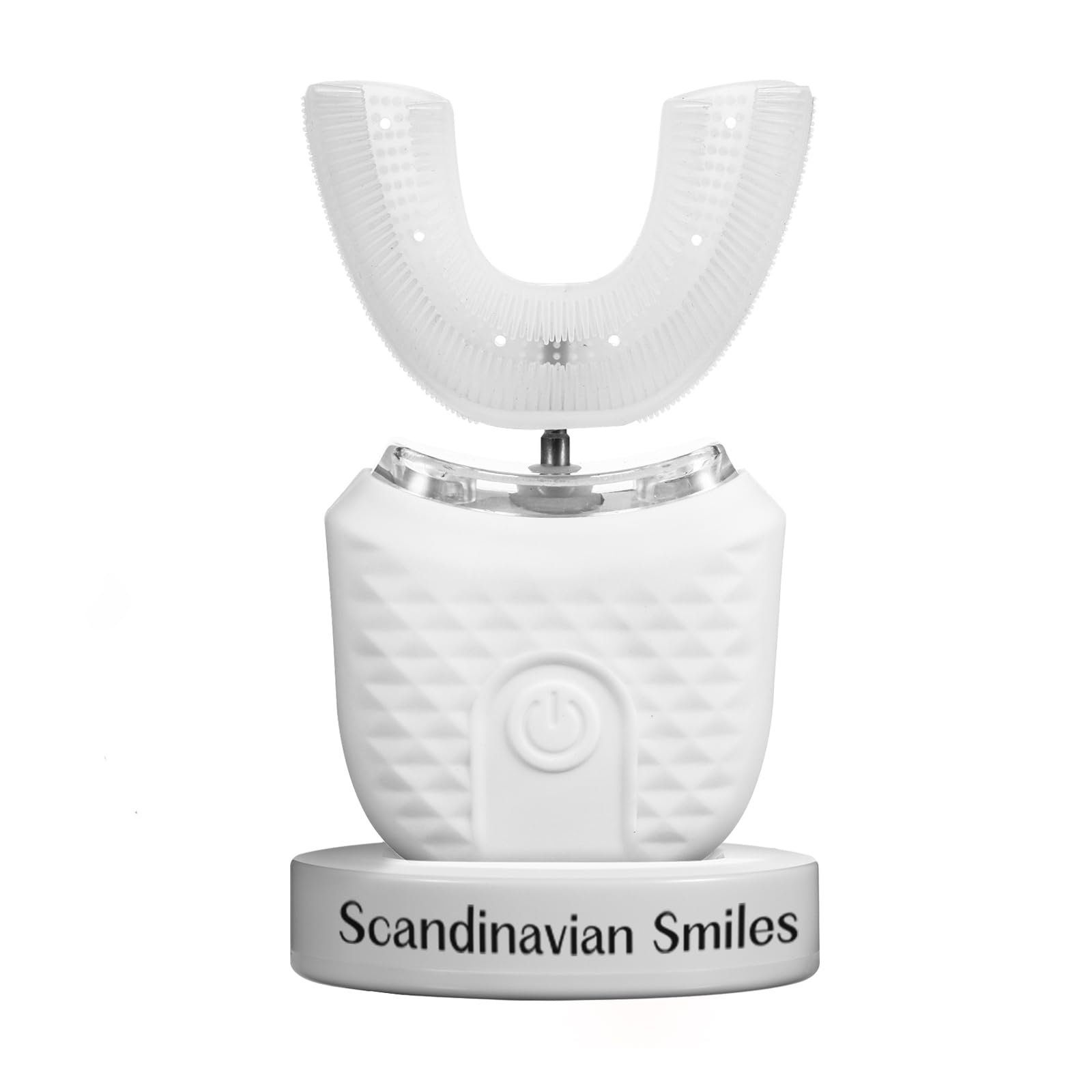Front view of Scandinavian Smiles 360° electric toothbrush in white ergonomic handle