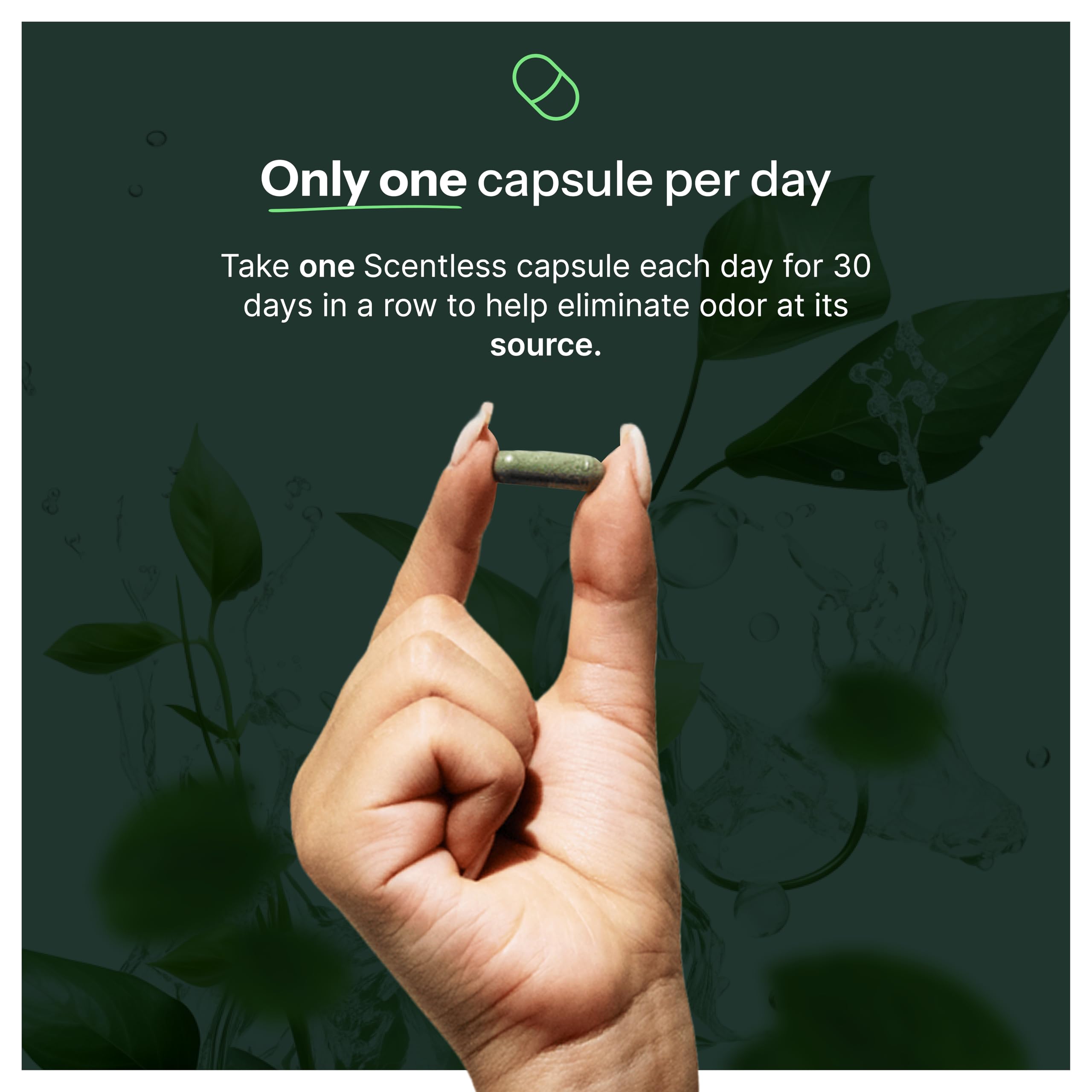 Glass bottle of Scentless capsules with a scoop for daily use