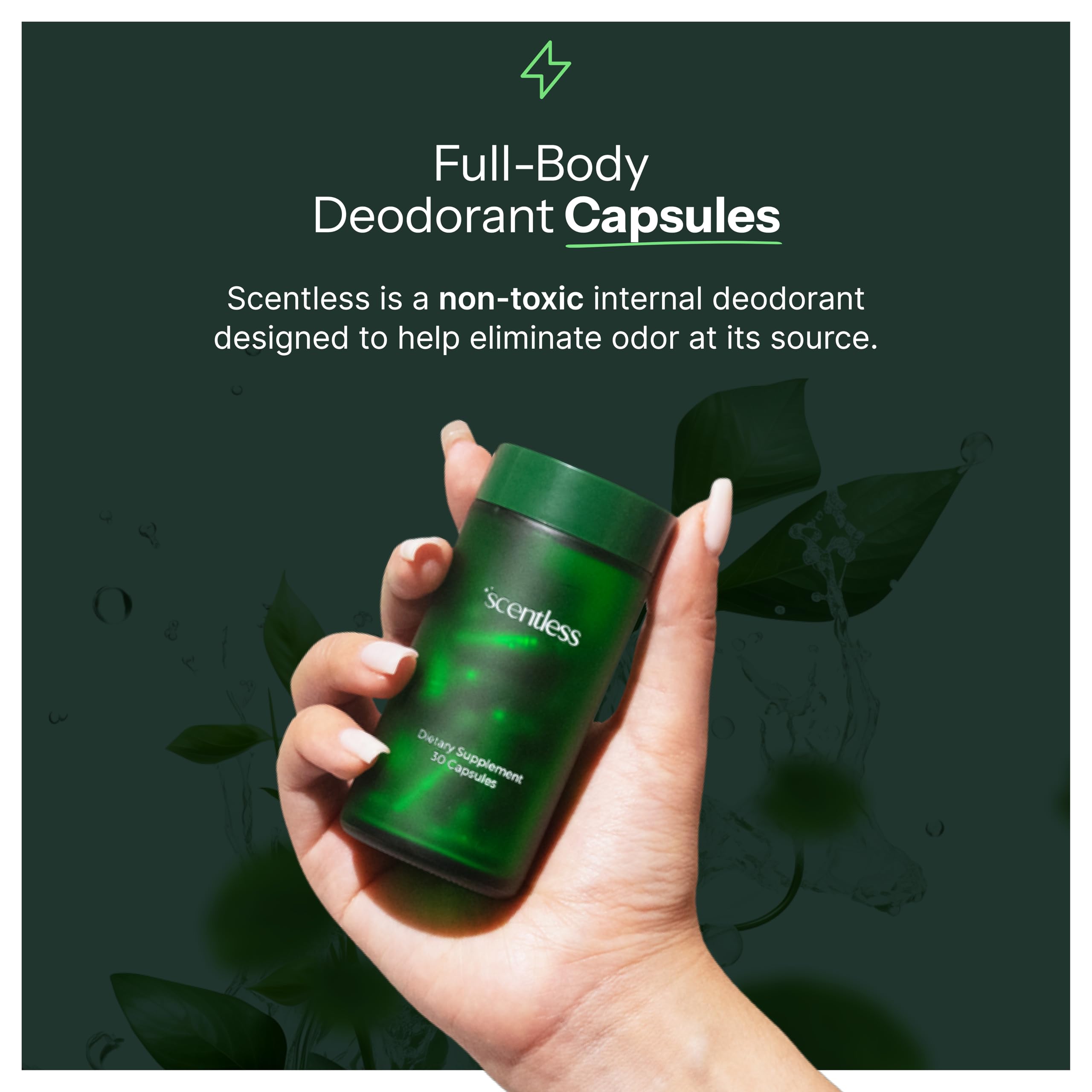 Close-up of Scentless capsules highlighting mint parsley chlorophyll ingredients