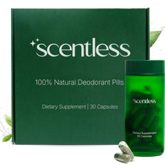 Scentless internal deodorant capsules bottle showing mint parsley chlorophyll 30 count