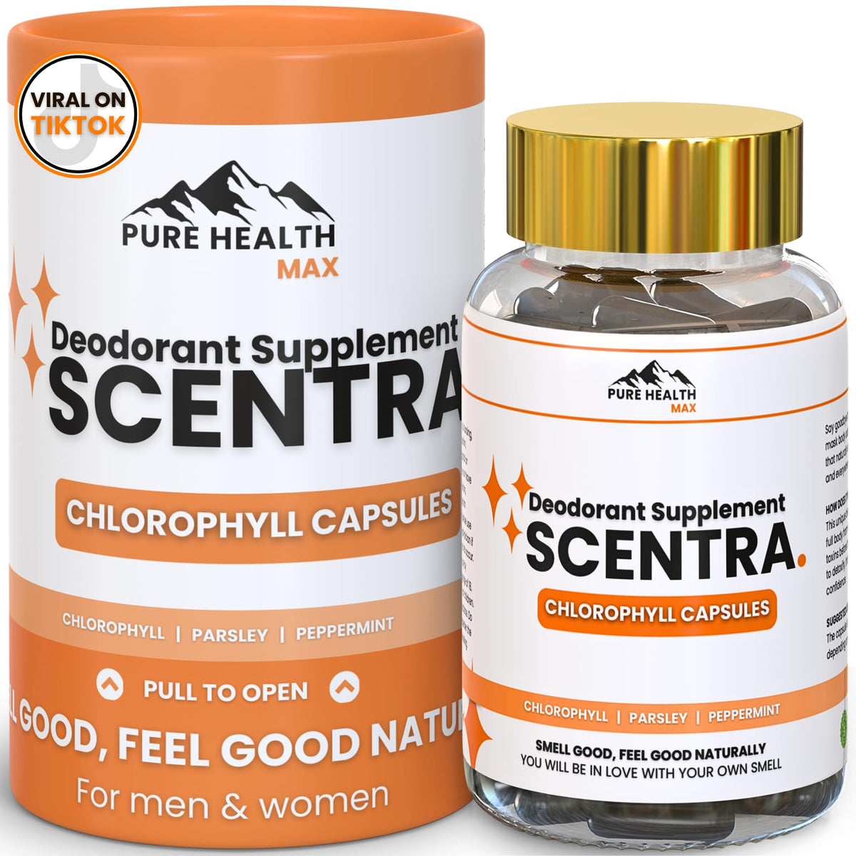 Scentra deodorizing supplement bottle and packaging