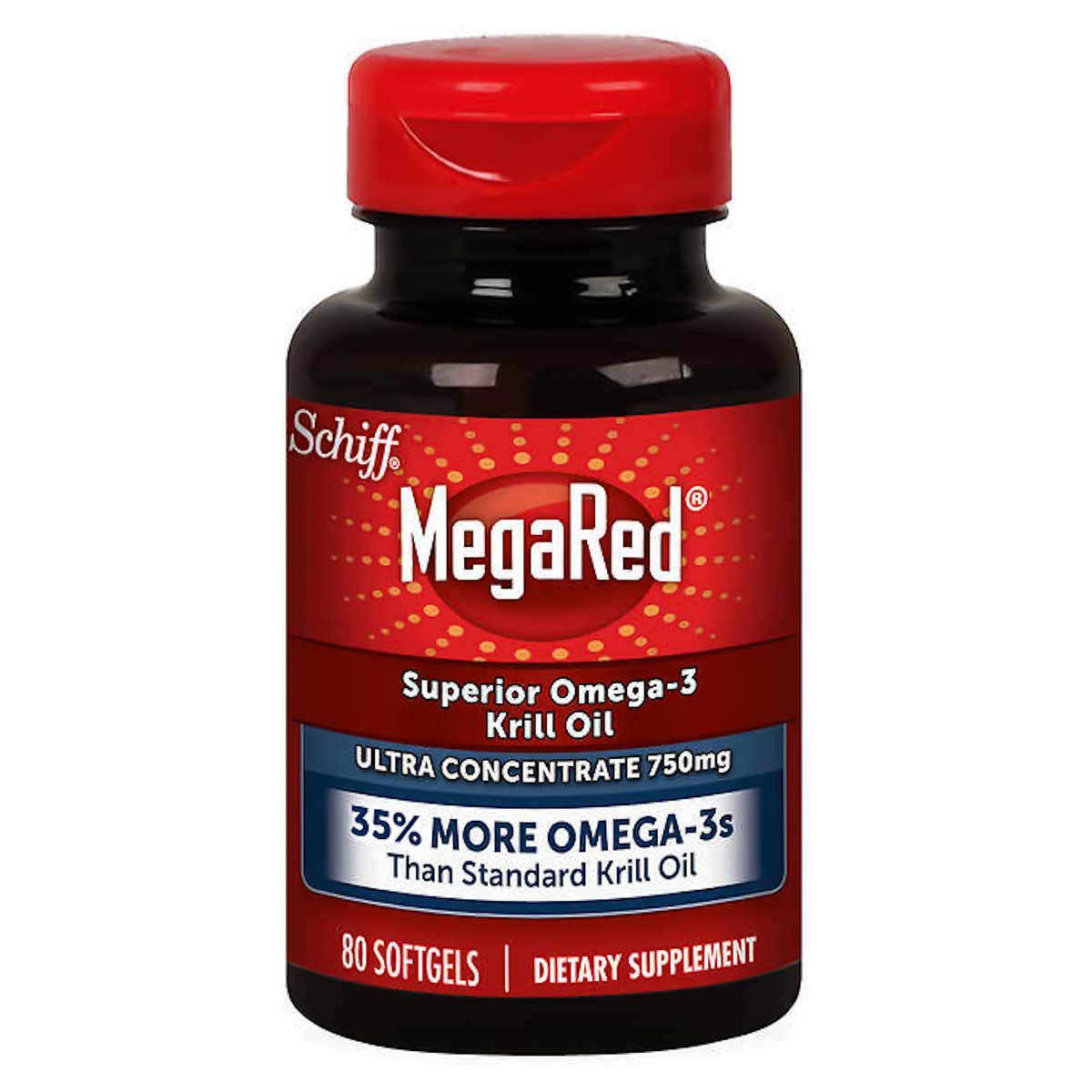Schiff MegaRed Krill Oil High Concentration 750mg bottle with 80 softgels