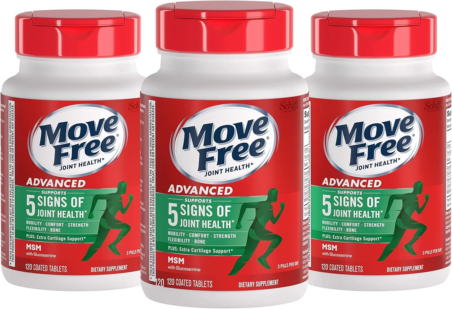 Schiff Move Free Advanced Plus 1500 mg MSM joint health tablets bottle and packaging