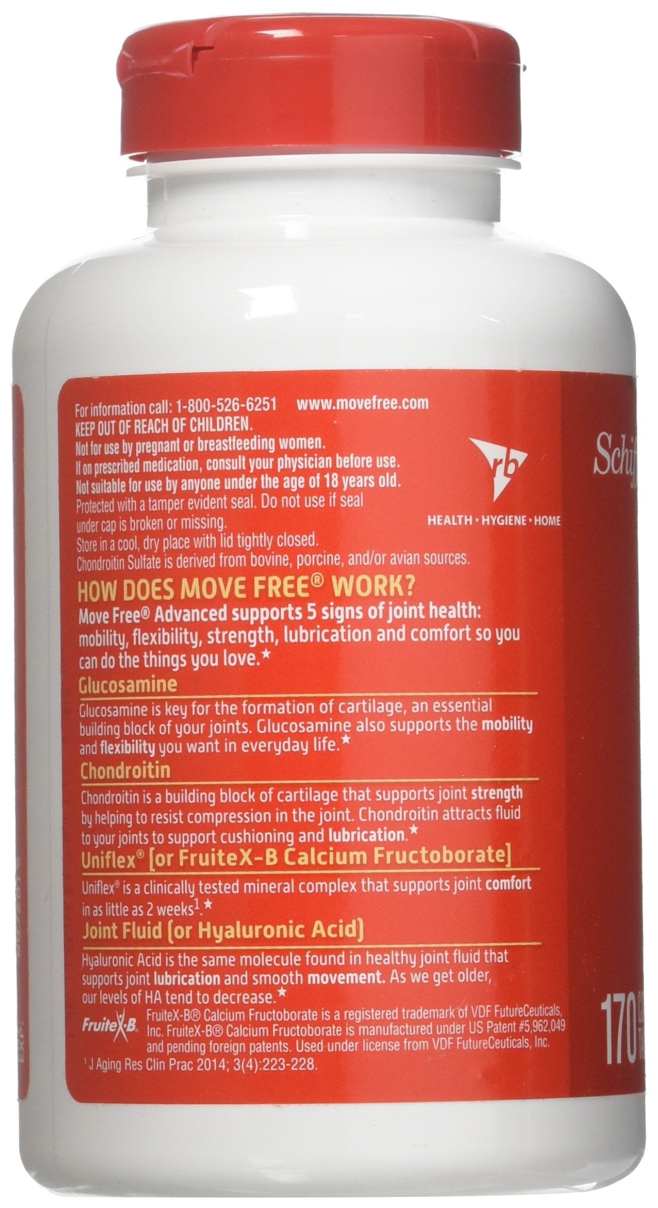 Close-up of Schiff Move Free label highlighting glucosamine and chondroitin