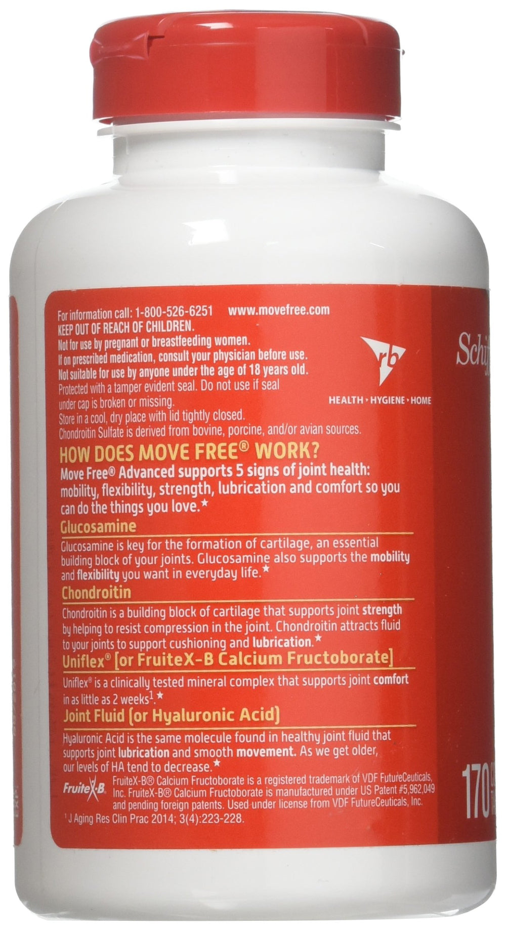 Close-up of Schiff Move Free label highlighting glucosamine and chondroitin